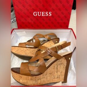Guess Tan Leather Wedge Sandals